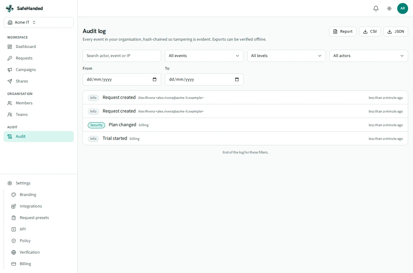 The SafeHanded audit log: a timeline of every event in the organisation, with who did it, when and the outcome.