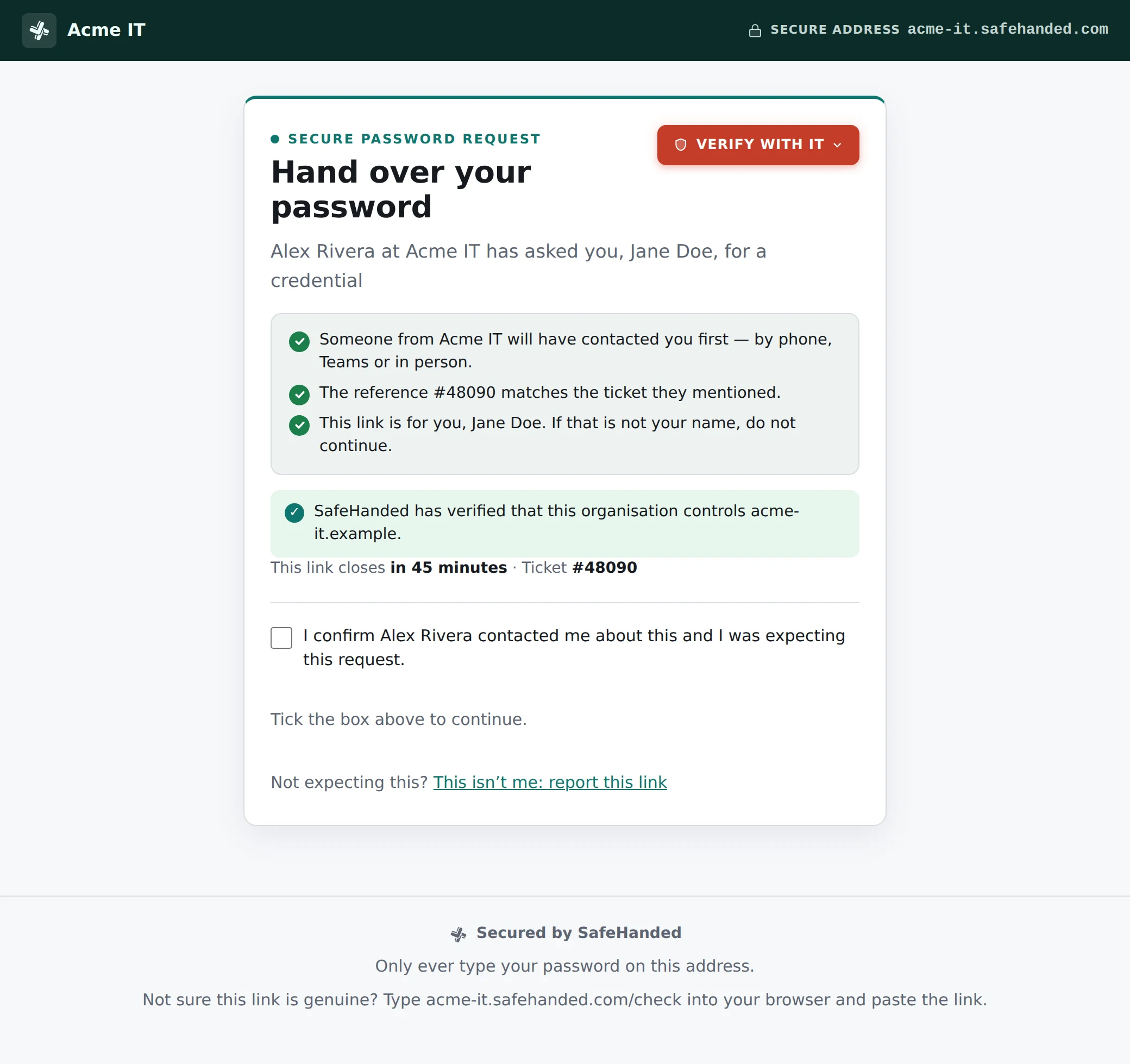 The branded handoff page the end user opens: Acme IT branding, a secure-address bar, verify-with-IT, named trust checks and a verified-issuer confirmation.