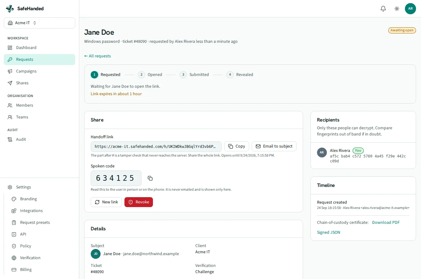 A request detail page in SafeHanded: subject, ticket, status, recipients and the lifecycle timeline.