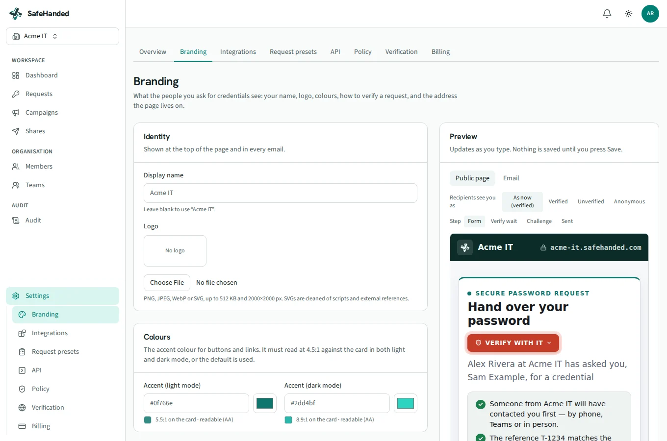 The branding editor: per-client logo, colours, contacts and a live preview of the handover page.
